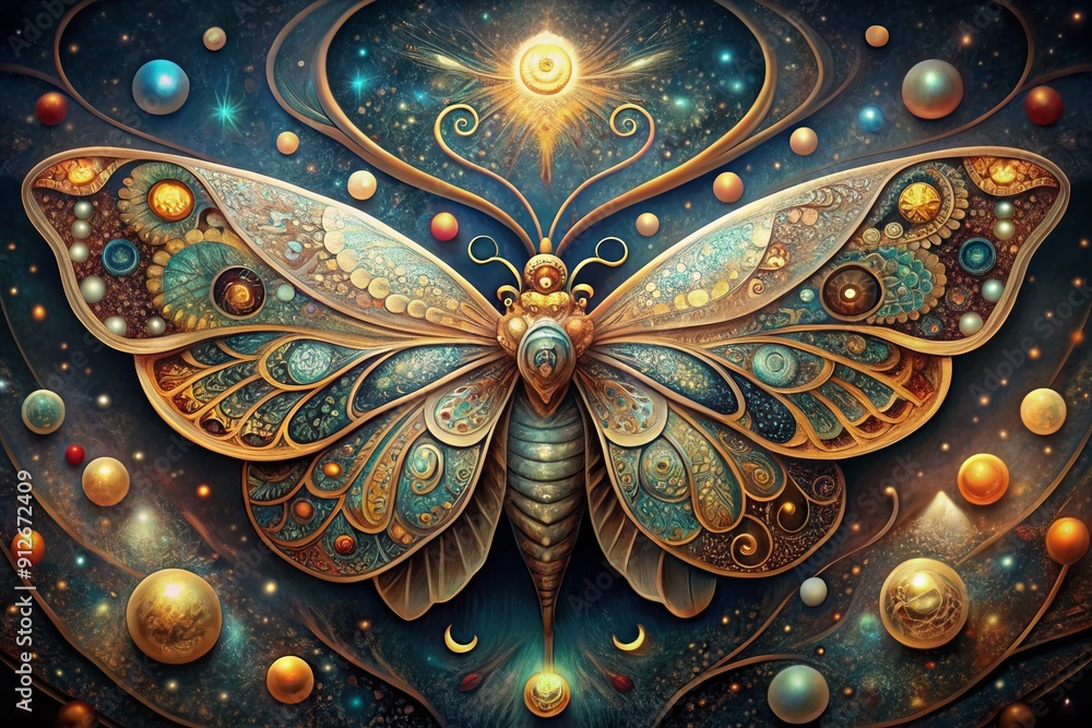 Poster intricate illustration of a moth with delicate wings featuring a mesmerizing pattern, surrounded by 