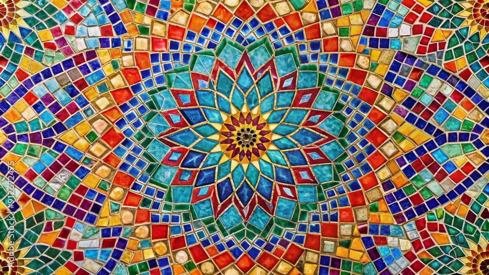 Poster vibrant mosaic tile abstract background featuring intricate, colorful, geometric lines and a decorat