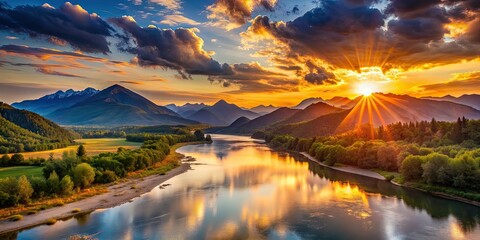 Beautiful sunset over the mountains and river , sunset, sky, mountains, river, nature, scenic, landscape, evening