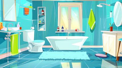 Bath room interior with bathtub and toilet bowl, cabinets and mirrors, cleaning products, and towels. Cartoon vector shower space with window and carpet on floor.
