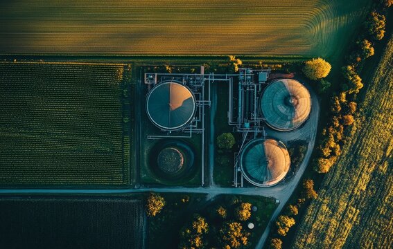 From above: Distillation process used to produce bio gas at the biogas station at the large green field.