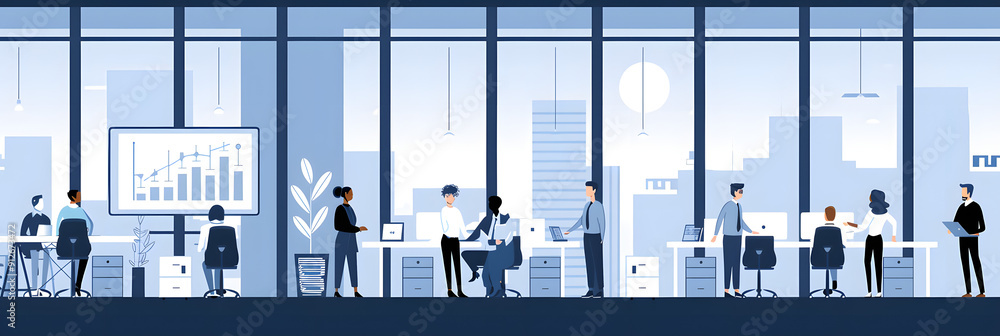 Poster in the office of an advanced technology company. people in suits and casual attire stand around desk