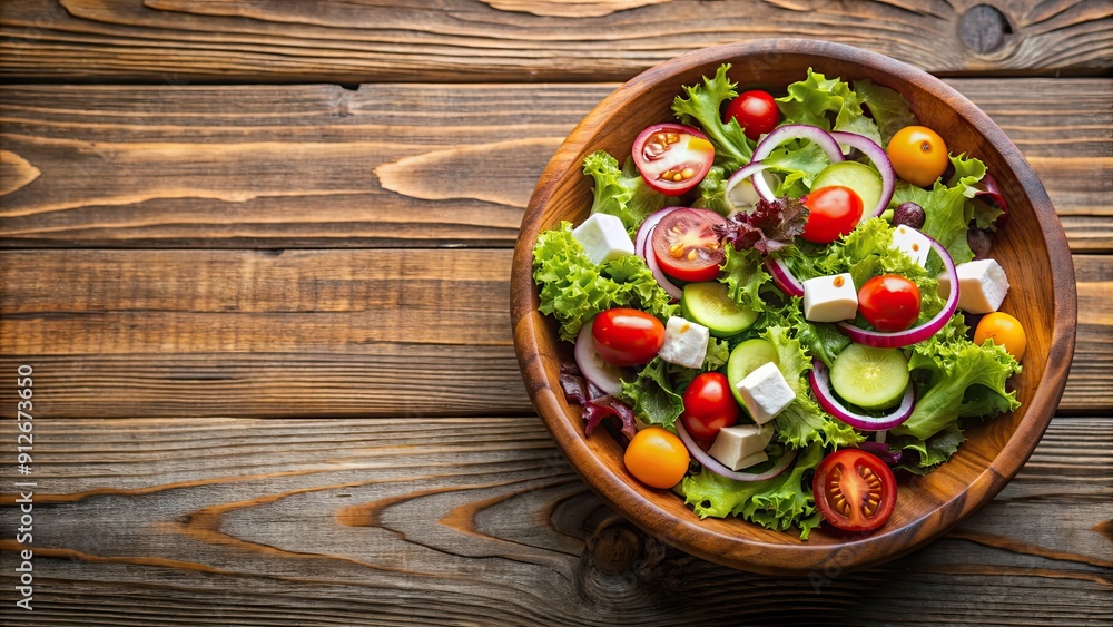 Poster Bowl of fresh salad on wooden table, salad, healthy, food, bowl, vegetables, green, organic, meal, fresh, nutrition, wood