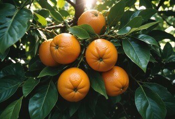 35mm film photography, a close-up of a cluster of ripe orange fruits with glossy skin, surrounded by vibrant green leaves with visible veins, sunlight highlighting their natural shine, high detail, ai
