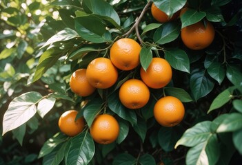 35mm film photography, a close-up of a cluster of ripe orange fruits with glossy skin, surrounded by vibrant green leaves with visible veins, sunlight highlighting their natural shine, high detail, ai