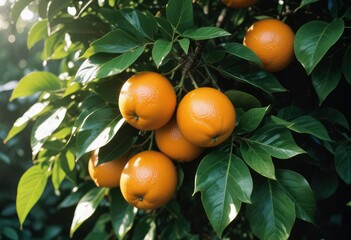 35mm film photography, a close-up of a cluster of ripe orange fruits with glossy skin, surrounded by vibrant green leaves with visible veins, sunlight highlighting their natural shine, high detail, ai