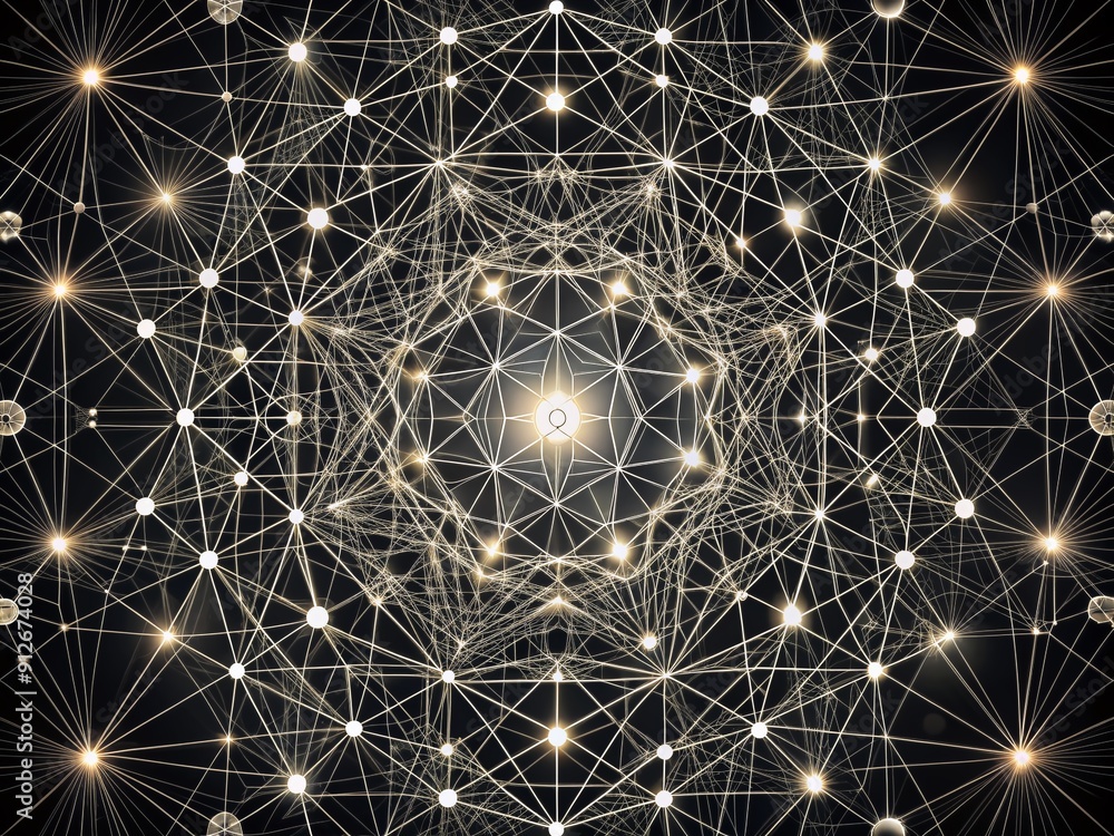 Poster minimalist black geometric abstract pattern featuring intricate networks of interconnected shapes, l