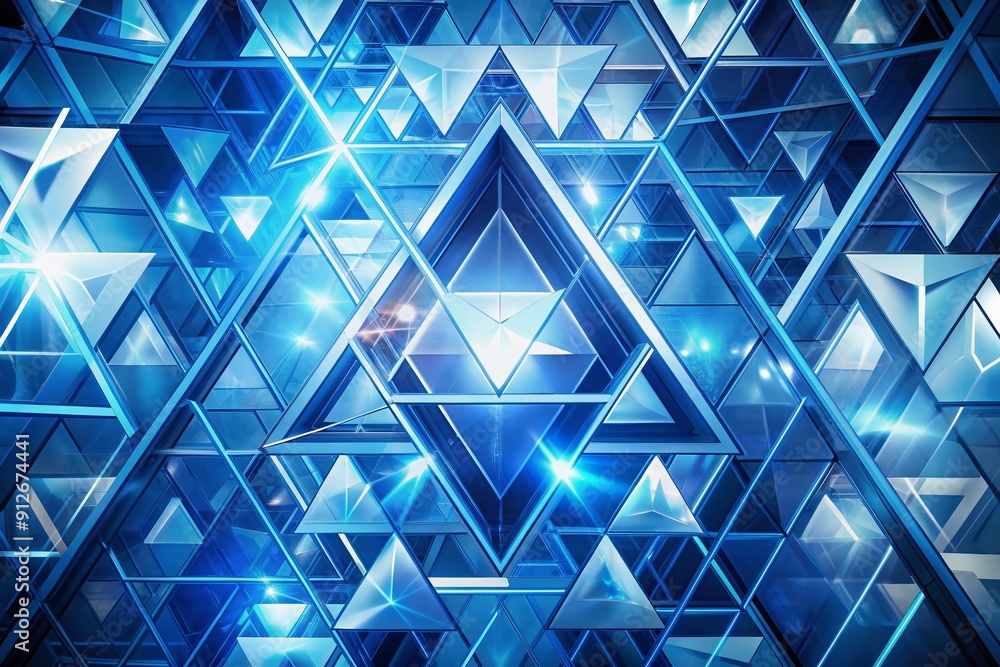 Poster vibrant blue and white geometric abstract triangles intersect and overlap in a dynamic composition, 