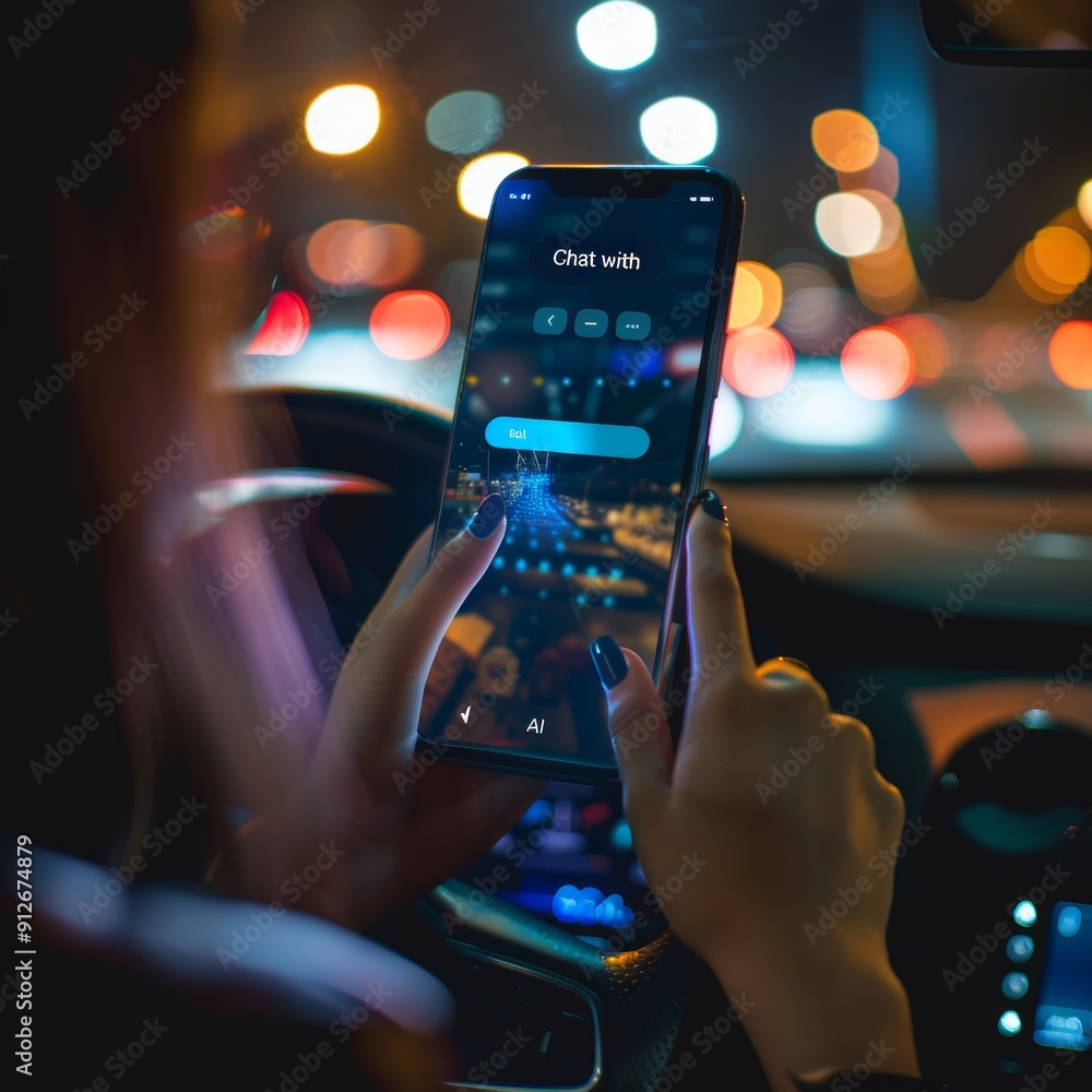 Poster night driving with smartphone chat application in use. a user interacts with a mobile app while driv