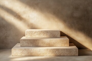 Stone podium, mock up for product cosmetic on dark beige background with dramatic light. Empty showcase for packaging presentation , ai