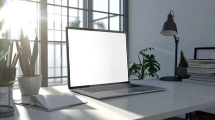 Professional workspace with a laptop on a desk, empty display for customization, clean and modern setting