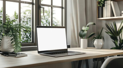 Professional workspace with a laptop on a desk, empty display for customization, clean and modern setting