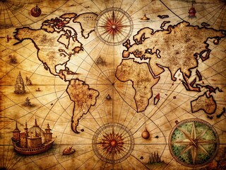 Fototapeta premium Aged parchment map unfolds, revealing intricate hand-drawn details of navigational charts, compass roses, and sea monsters, illuminated by warm, soft light, evoking a sense of discovery.