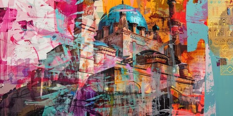 Abstract painting of a colorful mosque.