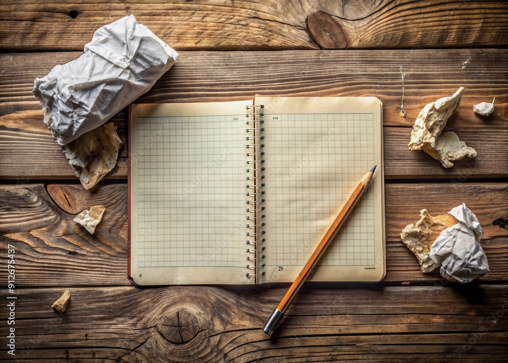 Poster a lonely notebook lies open on a rustic wooden table, holding a partially drawn map with a pencil an