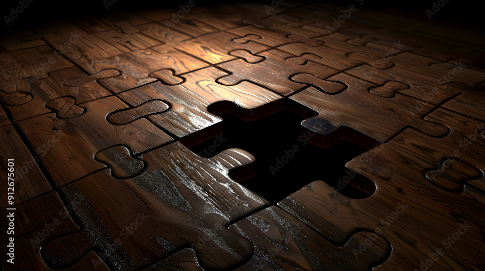 Poster jigsaw puzzle with the last piece hovering above.