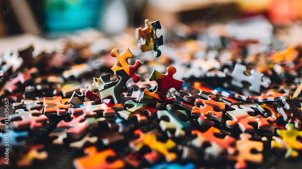 Poster jigsaw puzzle with the last piece hovering above.