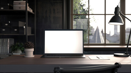 Modern office desk setup with a laptop featuring an empty display, ideal for adding your content