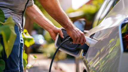 Naklejka premium Man plugging a white power cable into an electric car at a charging station, close-up with nature in the background