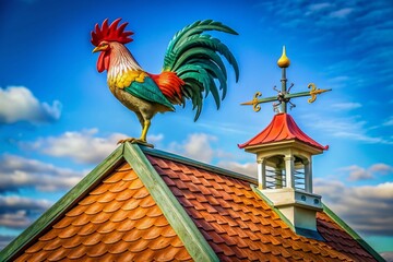 Vibrant rooster weather vane perches atop a rustic cupola with a bright red roof, pointing to wind direction on a warm, cloudless summer day.
