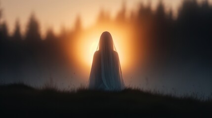 Fototapeta premium A ghostly woman with long hair, standing on a fallen log in the misty swamp of the haunted forest