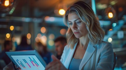 Fototapeta premium Professional Businesswoman Analyzing Data on Tablet at Modern Workplace