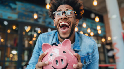 Obraz premium Joyful young man saving money in a piggy bank, showing excitement and happiness