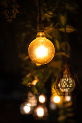 Classic designed ceiling lighting bulb with iron cage, it glowing in orange warm light shade. Object for interior decoration, close-up with selective focus.