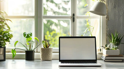 Fototapeta premium Workplace with a laptop computer on a desk, screen empty and ready for content, minimalist setup