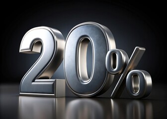 3D metallic silver number 20% percent isolated on a black background