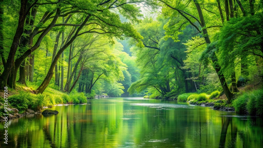 Poster Lush green forest with a peaceful flowing river, nature, environment, trees, water, foliage, outdoors, tranquil