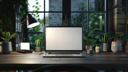 Fototapeta premium Modern office desk setup with a laptop featuring an empty display, ideal for adding your content