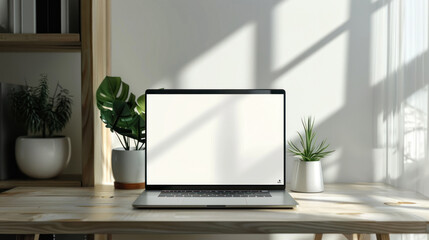 Fototapeta premium Minimalist workspace with a laptop on a desk, blank screen for your content, bright and airy environment