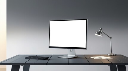 Fototapeta premium Computer with blank screen on work desk with side view