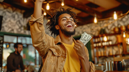 Fototapeta premium Joyful young man holding cash, fist up in celebration, appreciating his monetary success
