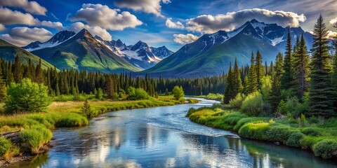 Serenity abounds in this Alaskan landscape featuring a tranquil stream flowing into a river, surrounded by lush forest and majestic mountains under a vibrant blue sky.