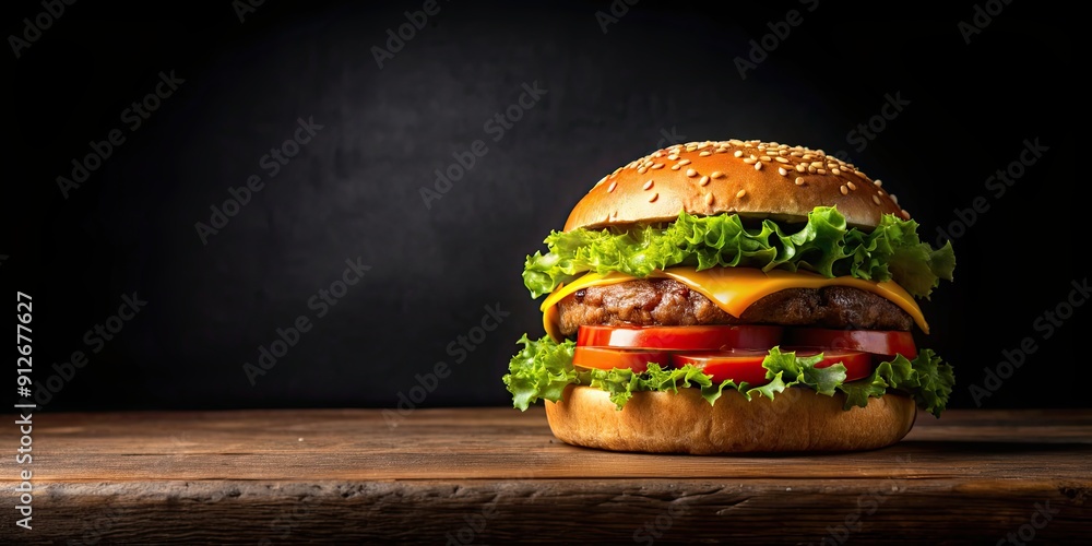 Canvas Prints Delicious hamburger on black background, food, fast food, burger, unhealthy, meal, tasty, beef, lettuce, tomato, cheese