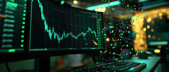 A dynamic finance workspace showcasing market analysis on digital screens with colorful data visualizations.