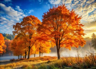 Fototapeta premium Vibrant orange and yellow leaves adorn towering trees set against a soft blue sky with a misty atmosphere in a serene autumn landscape.
