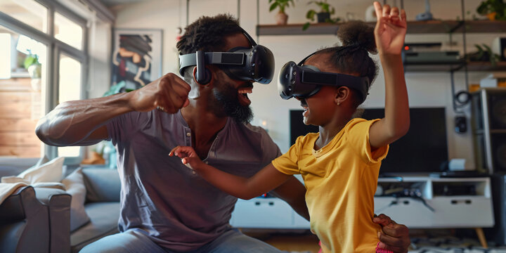 A happy father and daughter wear VR headsets and interact playfully, enjoying a virtual reality experience together in their living room. - Powered by Adobe