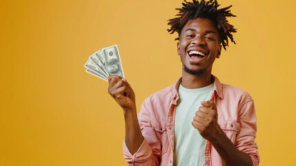 Happy young man with money in hand, fist raised in triumph, celebrating his financial success