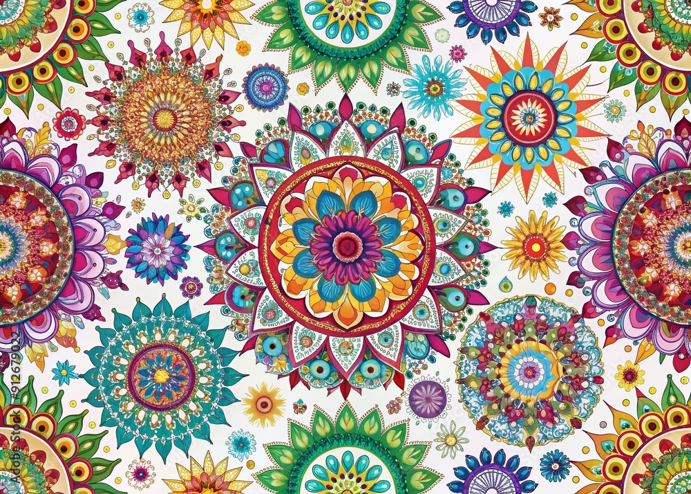 Poster vibrant seamless pattern featuring intricate multicolored mandalas on a white background showcasing 