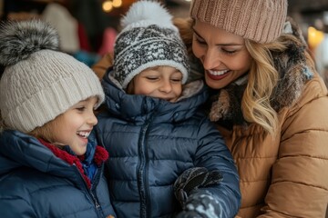 Obraz premium Mother with her two smiling children in winter clothing, enjoying a cheerful moment together outdoors, bundled up in hats and coats to keep warm in the cold weather.