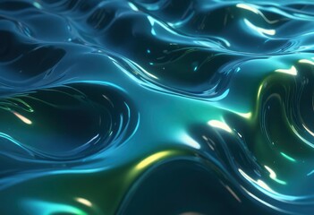 35mm film photography, liquid metal background showing a smooth surface with ripples and subtle gradients of blue and green, high detail, vibrant color palette, cold light tones, blue tones, ai