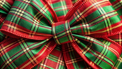 Vibrant red and green plaid Christmas ribbon folds and twists in a decorative bow, showcasing festive texture and intricate pattern in a close-up shot.