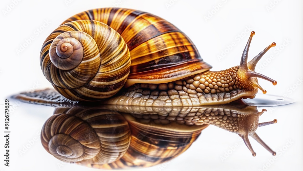 Poster close-up of a solitary snail with intricate, swirly shell patterns and textures, isolated on a trans