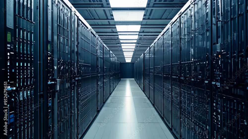 Aufkleber modern data center with rows of server racks illuminated by cold light. concept: information securit