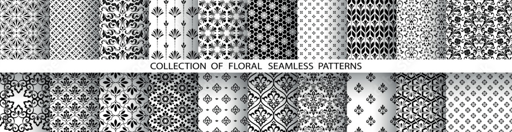 Poster Geometric floral set of seamless patterns. White and black vector backgrounds. Damask graphic ornaments.