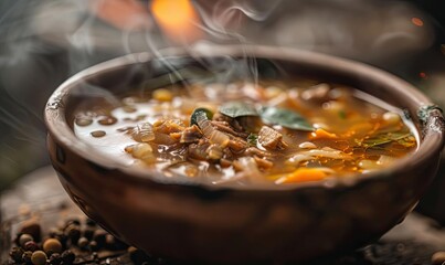 A warm bowl of delicious soup, steaming and fresh, perfect for a cozy meal during chilly nights.