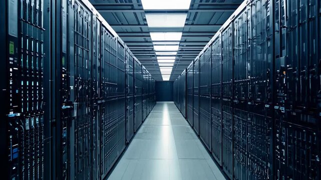 Modern data center with rows of server racks illuminated by cold light.
Concept: information security, IT infrastructure.